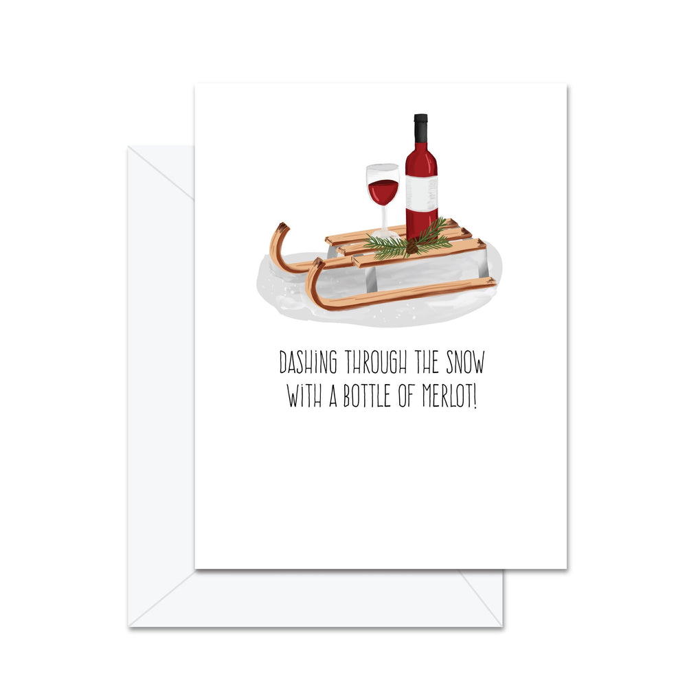 Traverser la neige avec une bouteille de Merlot - Carte de vœux