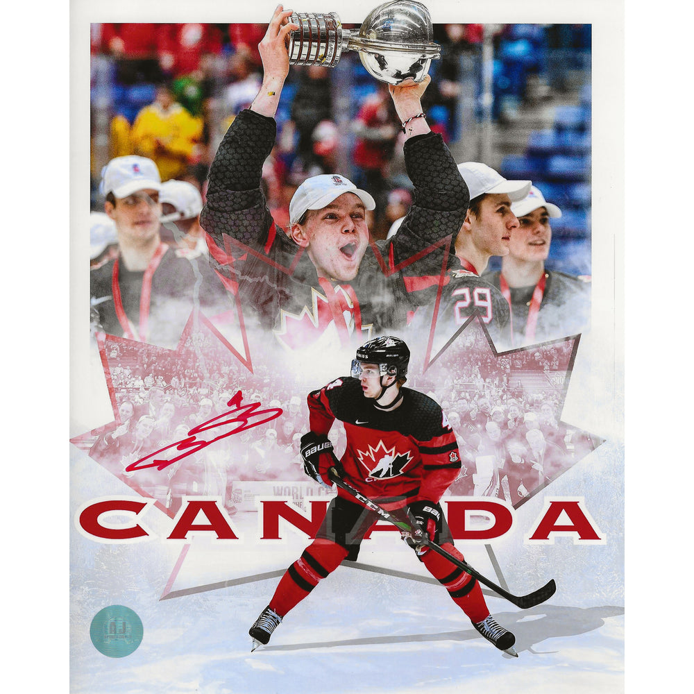 Photo 8x10 autographiée de l'œuvre d'art de Bowen Byram de l'équipe Canada Juniors 2020