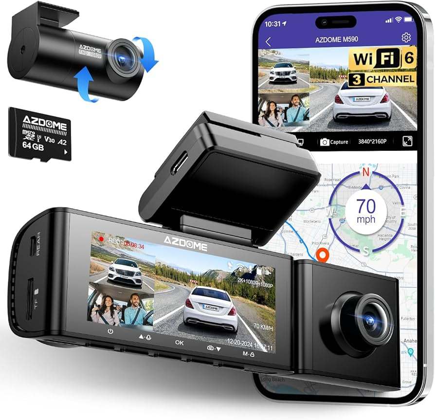 Azdome M590 3 channel 2k front 1080P inside cabin and Rear dashcam