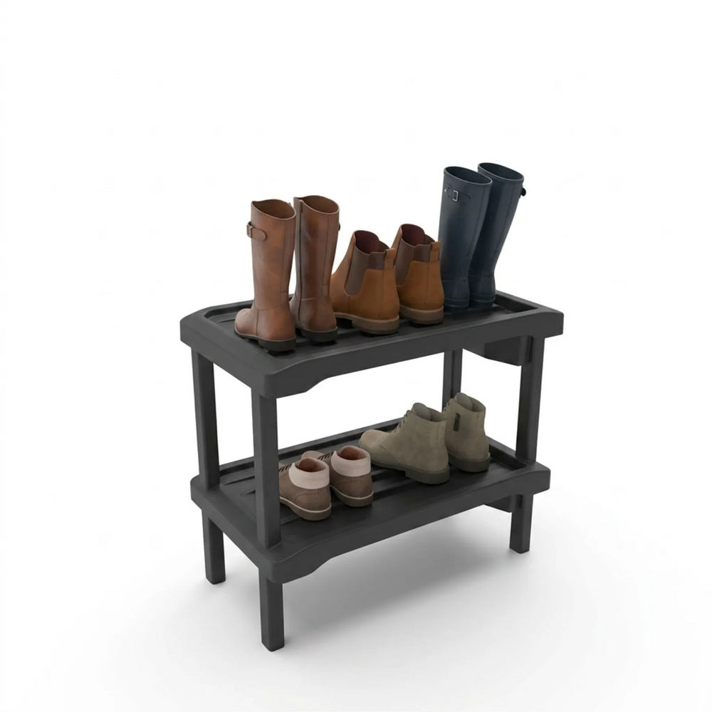 Best Winter boot rack - 2 tier channeling water into container. Charcoal color. Made In Canada.