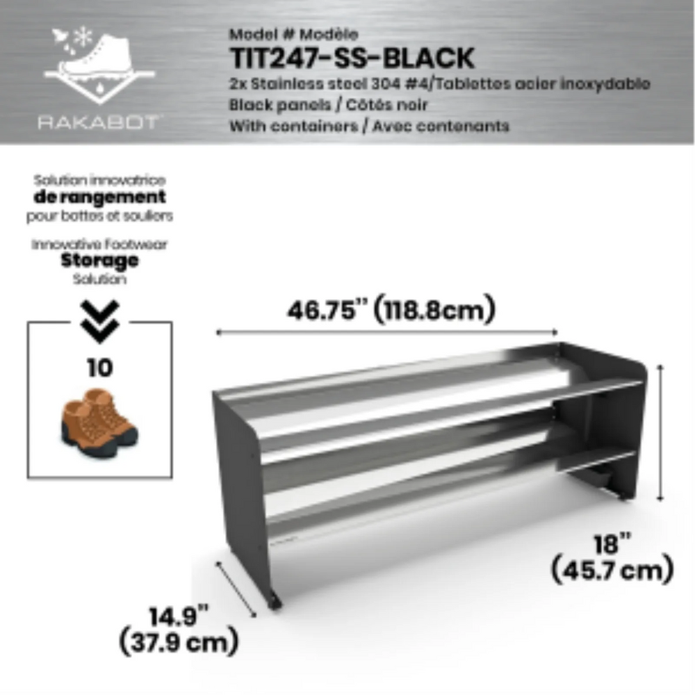 Commercial rustproof shoe and boot rack / 2 Tier / Shelf 46.25" stainless / Mate black / Levelers / Store 10 pairs / Ra
