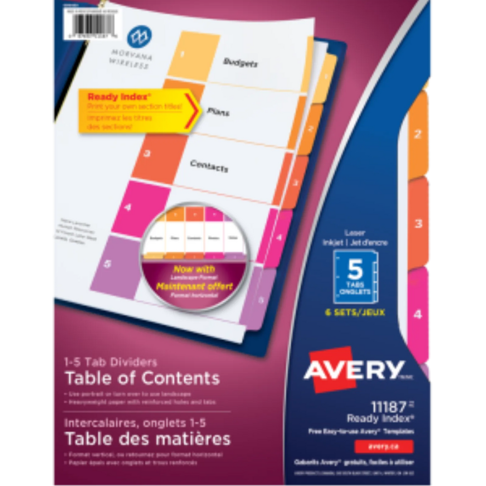 READY INDEX TABLE OF CONTENTS DIVIDERS, 5 TAB, 6 SETS,