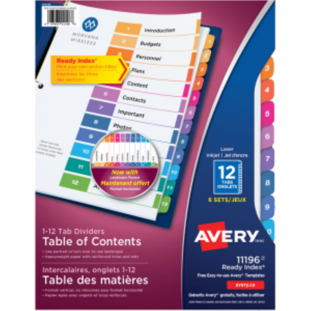 READY INDEX TABLE OF CONTENTS DIVIDERS, 12 TAB, 6 SETS