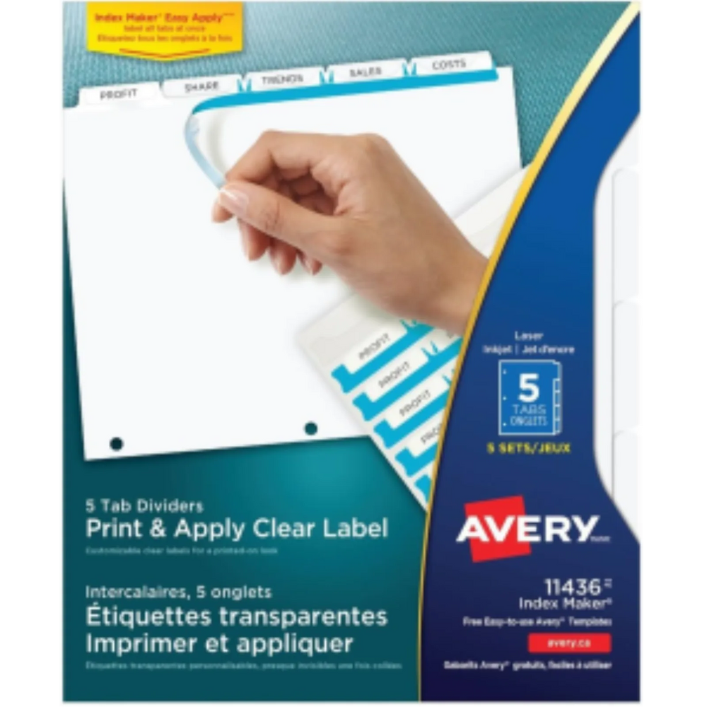 INDEX MAKER CLEAR LABEL DIVIDERS, 5 TAB, 5 SETS, WHITE