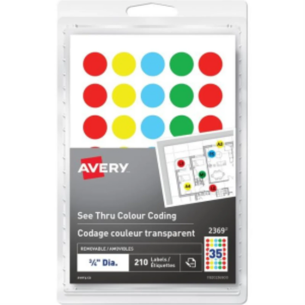 2369 Avery® See Thru Removable Colour Coding Labels Handwrite, ¾ Assorted Colours / Removable