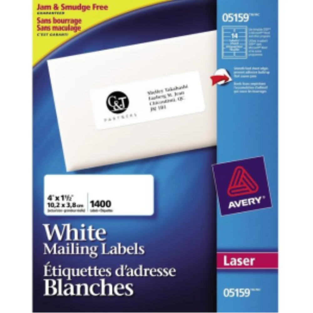 5159 Avery® White Rectangle Labels 1½" x 4", Permanent Adhesive, for Laser and Inkjet Printers, Matte White Paper / Whi