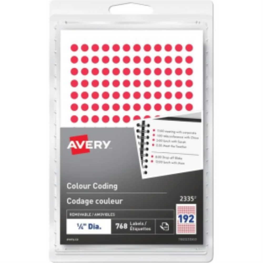 Avery Hand-write Colour Coding Labels ¼" Round, Removable, Red, 768/pkg