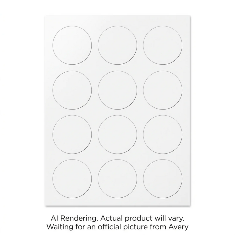 Avery Laser White Waterproof Labels, 2" Diam., Permanent, 6 sheets/pkg, 72 labels/pkg