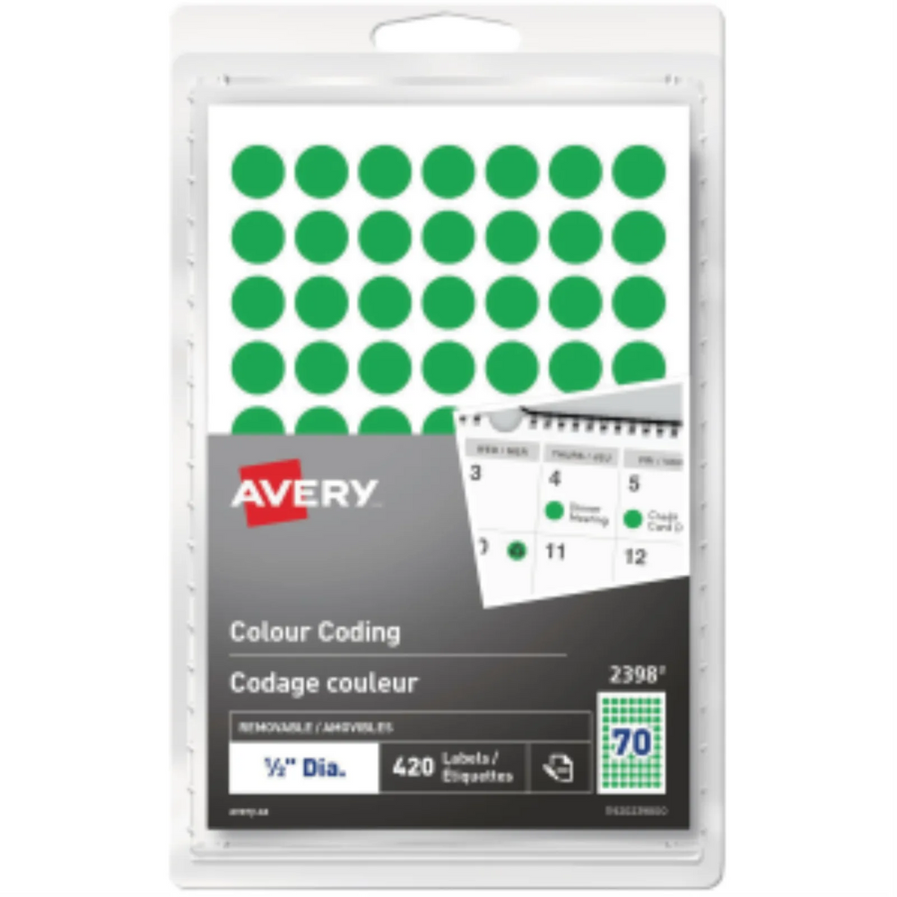 2398 Avery® Removable Colour Coding Labels Handwrite, ½" Green / Removable