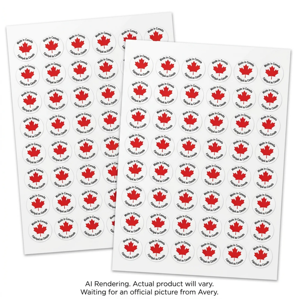 Avery Preprinted "Made in Canada" Labels, 1" Diam., Permanent, 2 sheets/pkg, 96 labels/pkg