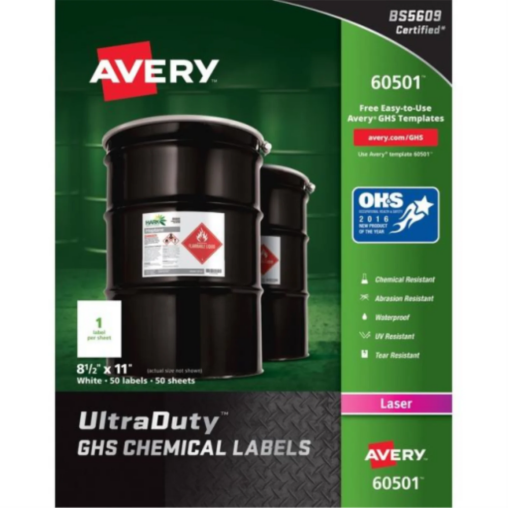 Avery Laser Ultraduty Industrial Labels 8½" x 11", Permanent, White, 50 sheets/box, 50 labels/box