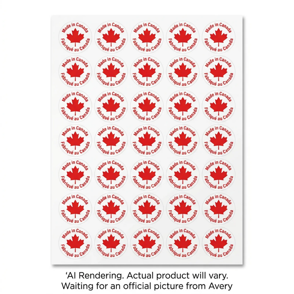 Avery Preprinted "Made in Canada" Labels, 2" Diam., Permanent, 2 sheets/pkg, 24 labels/pkg