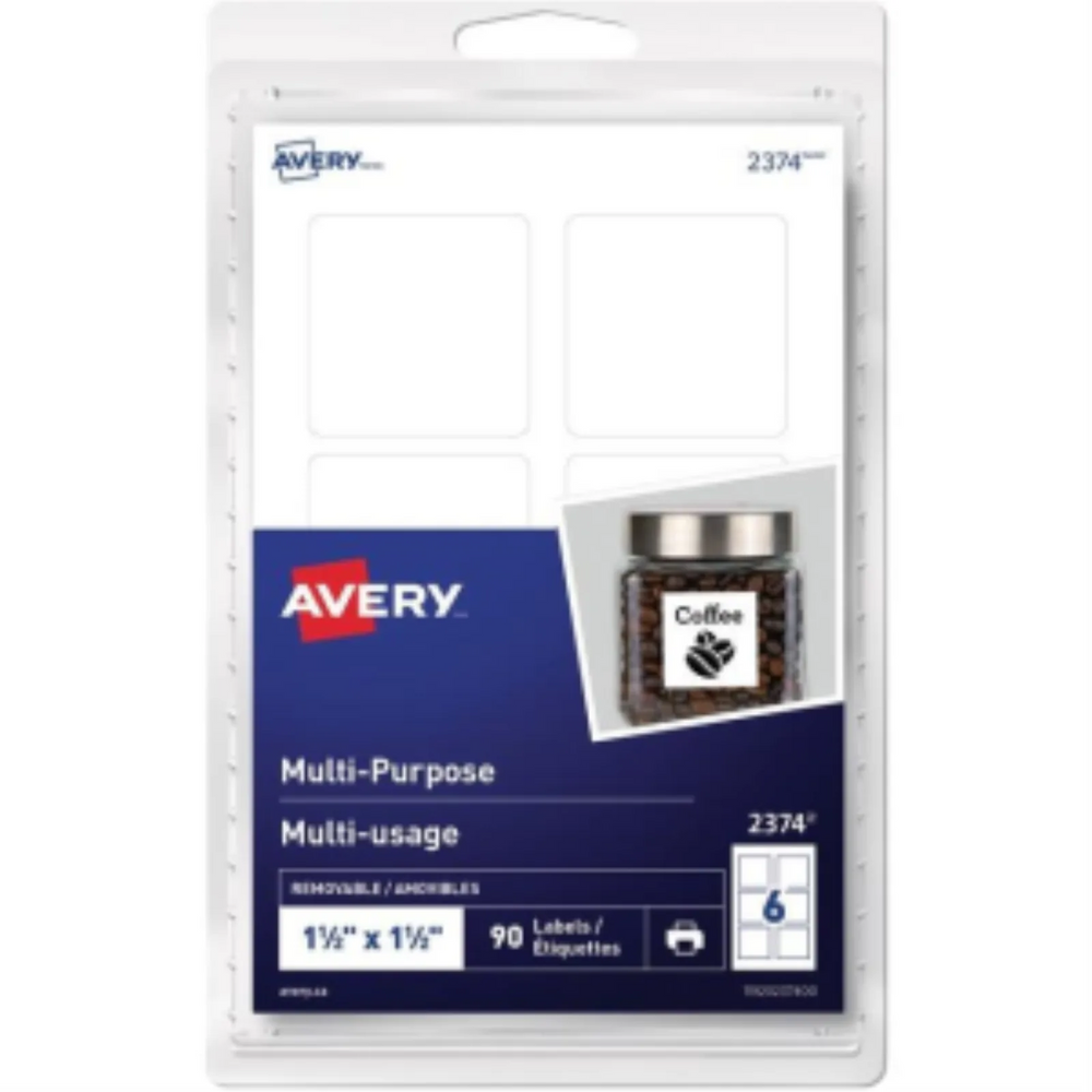 2374 Avery® Multi-Purpose Removable Labels for Laser and Inkjet Printers, 1½" x 1½" Removable Matte White Paper / White