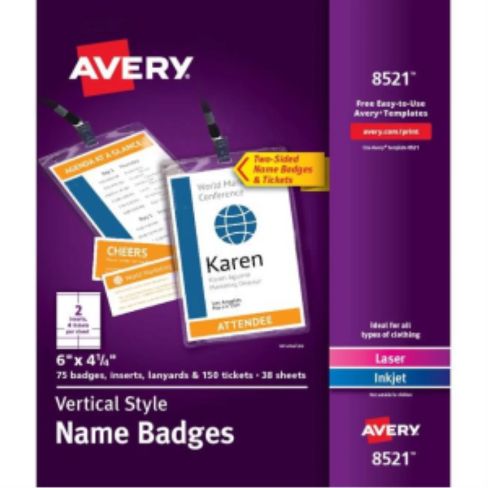 Avery Laser/Inkjet Vertical Style 6" x 4¼" Name Badge Kit (Inserts, Holders, Lanyard, x2 Tickets), 75/box