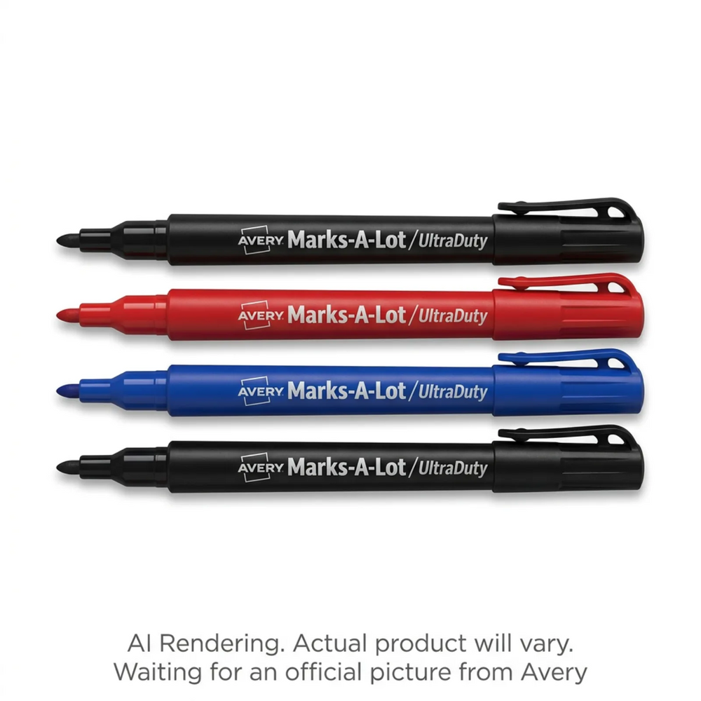 Marks-A-Lot 1 mm Bullet Tip Markers, 4/pk, 2 Black, 1 Red, 1 Blue, Permanent Ink
