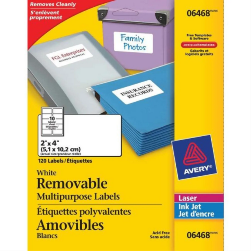 I.D. LABELS, 2" X 4", REMOVABLE, 12 SHEETS/ENV., 120 LA