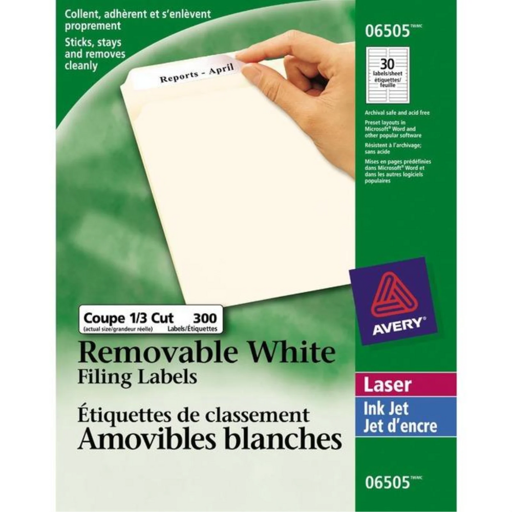 6505 FILING LABELS, 37/16" X 2/3", REMOVABLE, WHITE, 10 SHE