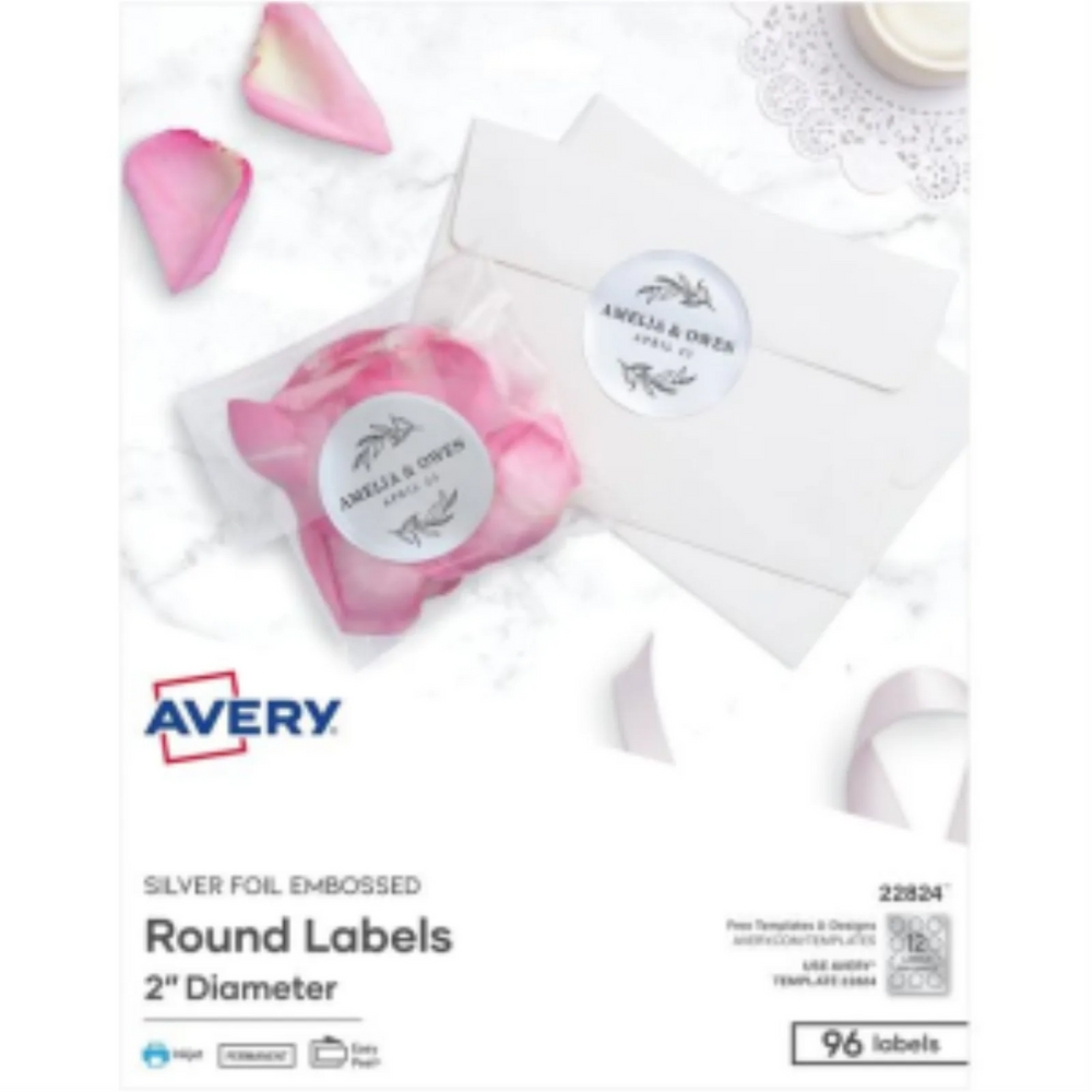 22824 SILVER FOIL EMBOSSED ROUND LABELS, 2" DIAMETER, 8 SHTS