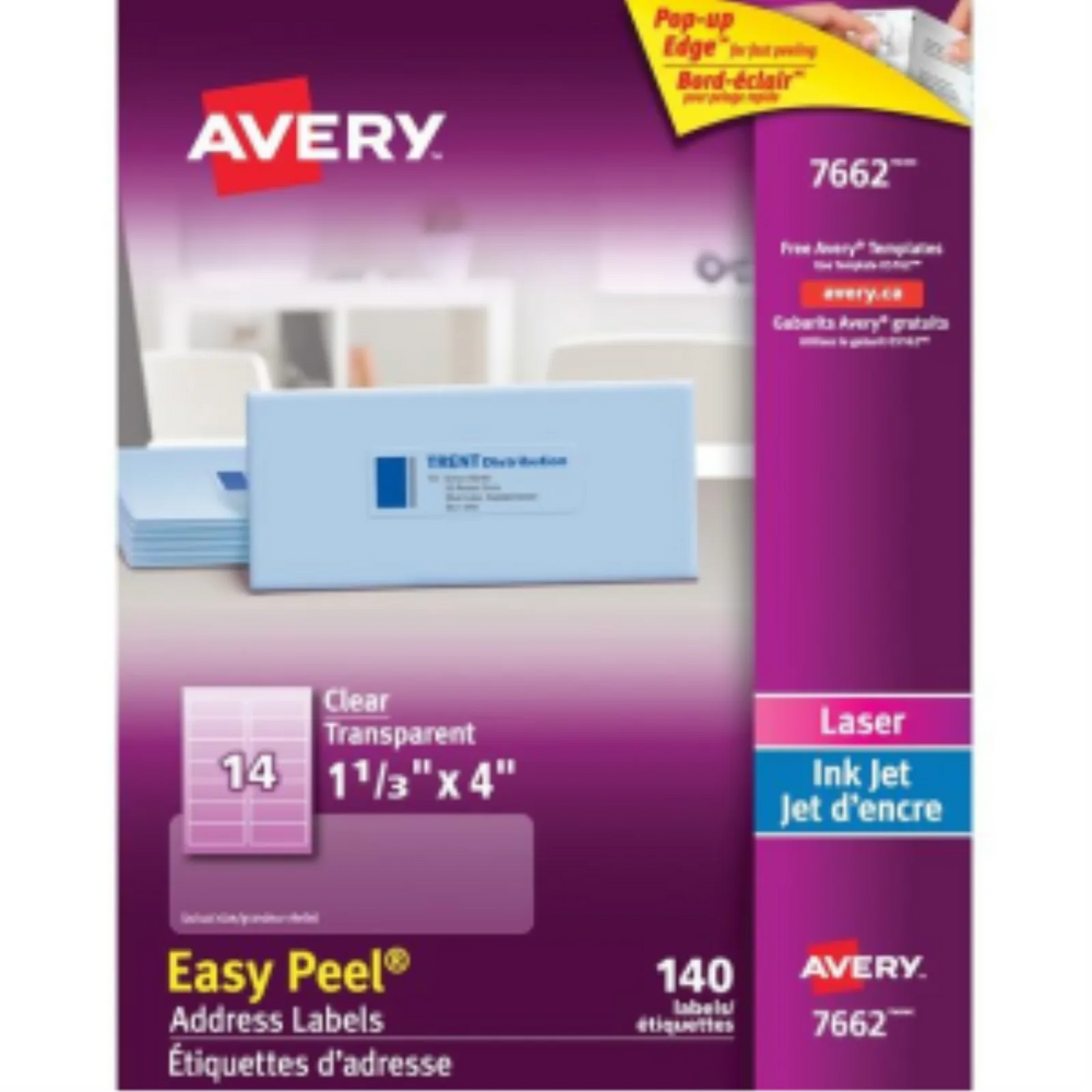 7662 CLEAR EASY PEEL, 4" X 1 1/3", PERMANENT, 10 SHEETS/ENV.