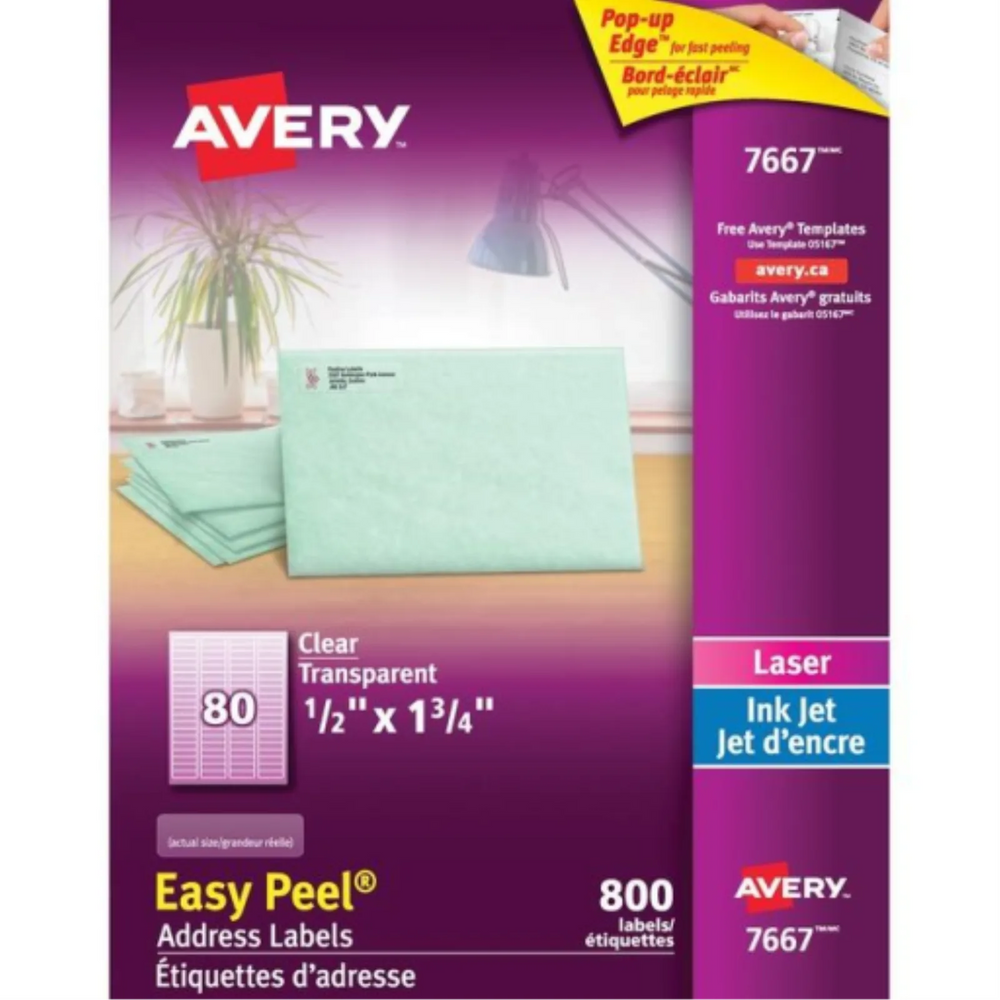 7667 CLEAR EASY PEEL, 1 3/4" X 1/2", PERMANENT, 10 SHEETS/E