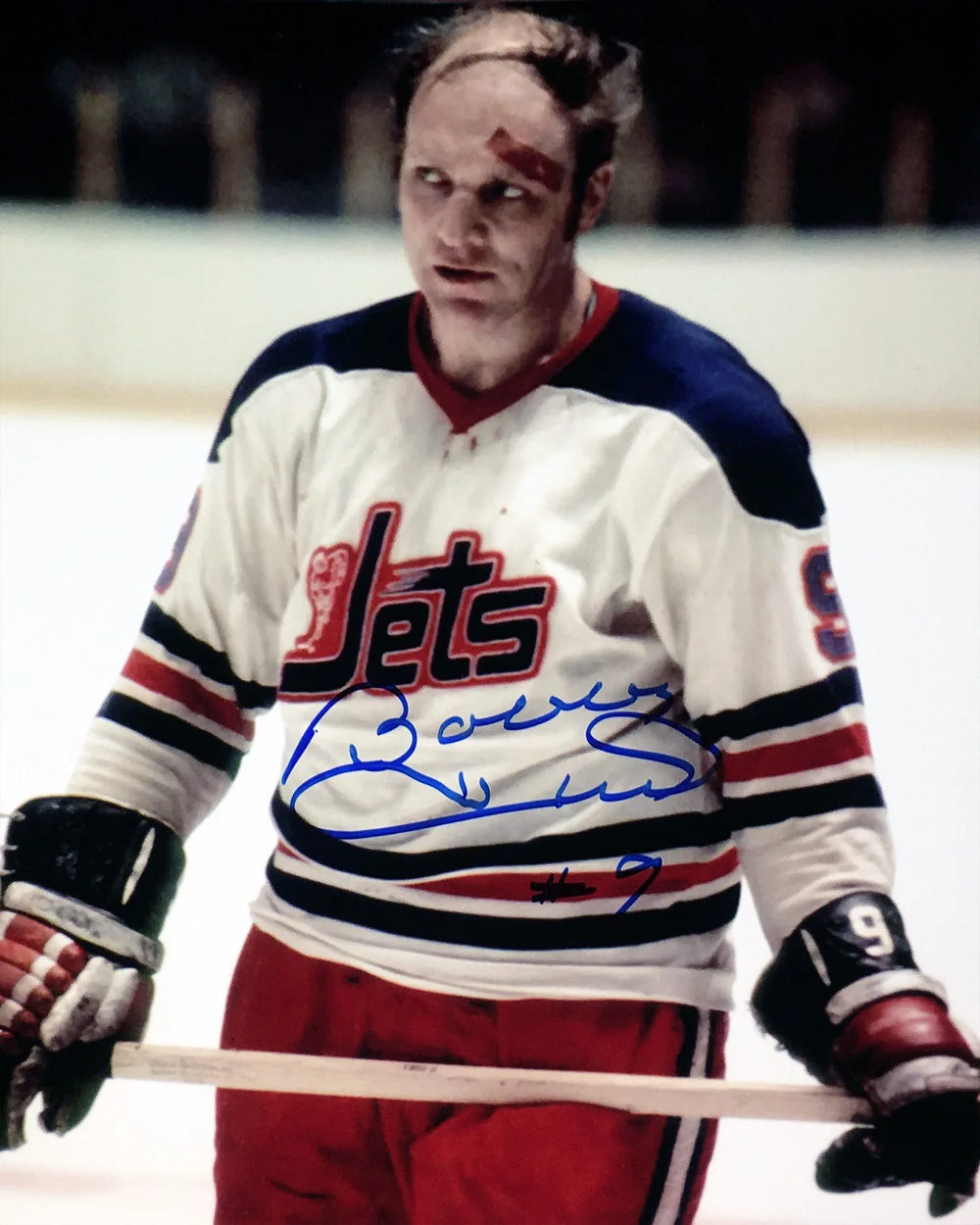Photo 8x10 ensanglantée des Jets de Winnipeg autographiée par Bobby Hull