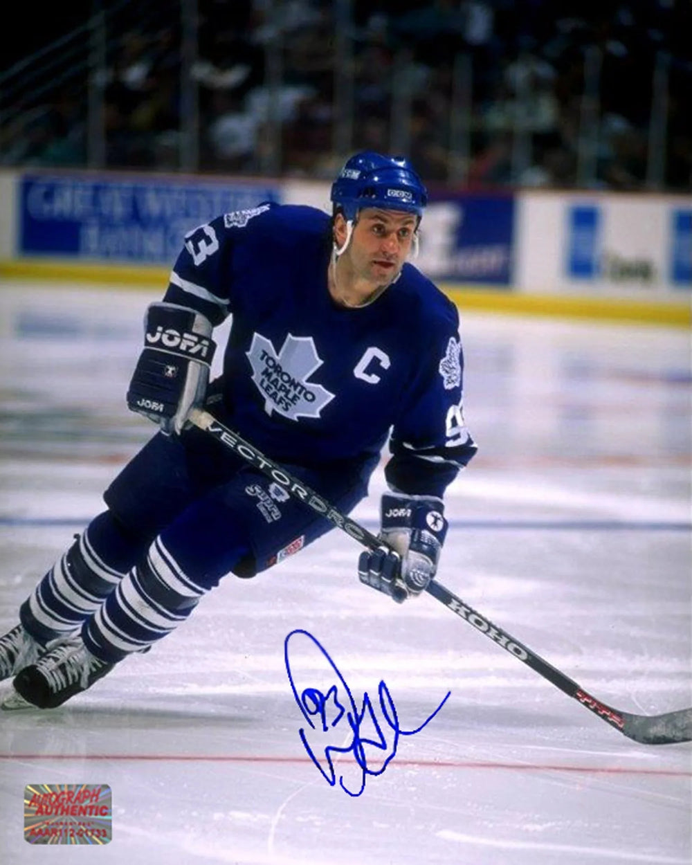 Photographie 8x10 autographiée de Doug Gilmour sur chandail bleu