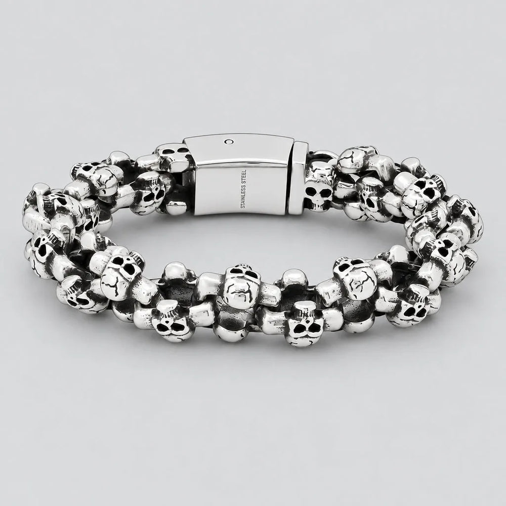 Bracelet à maillons multi-têtes de mort en acier inoxydable pour hommes | Bijoux de motard robustes
