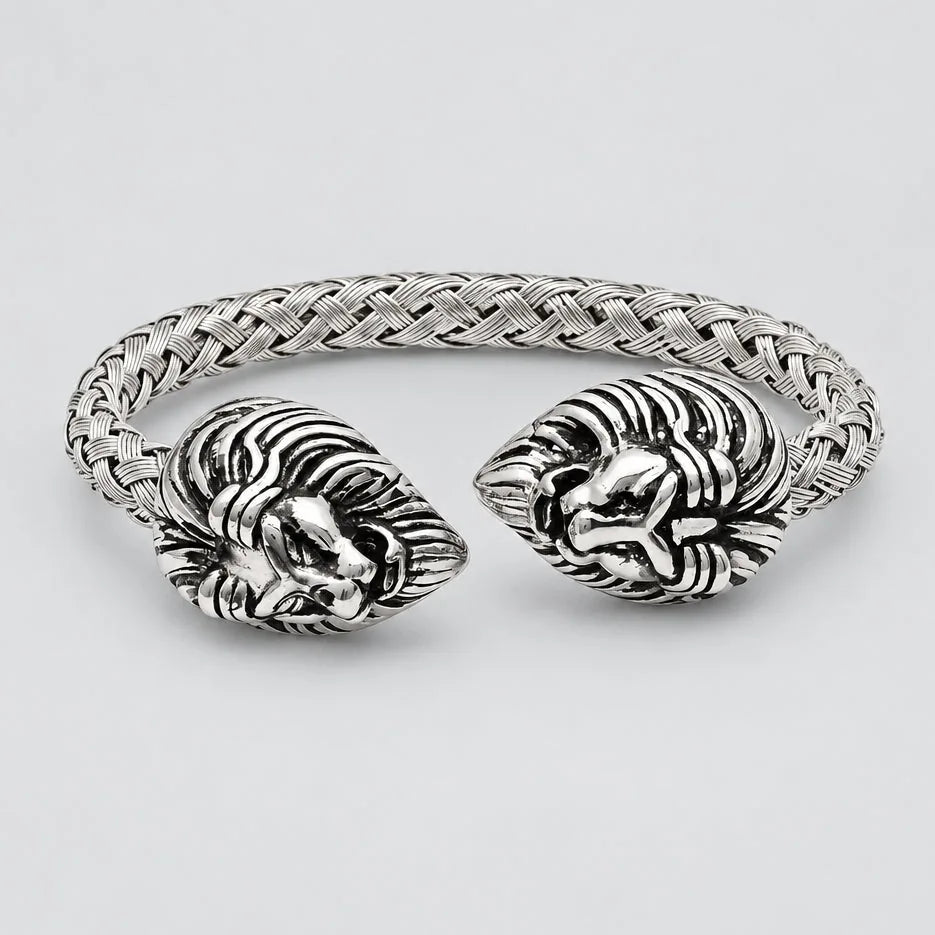 Bracelet manchette ouvert en acier inoxydable avec tête de lion
