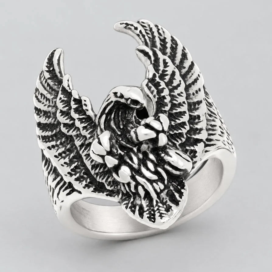 Men’s Stainless Steel Eagle Ring. Detailed Wings Biker Signet Jewellery