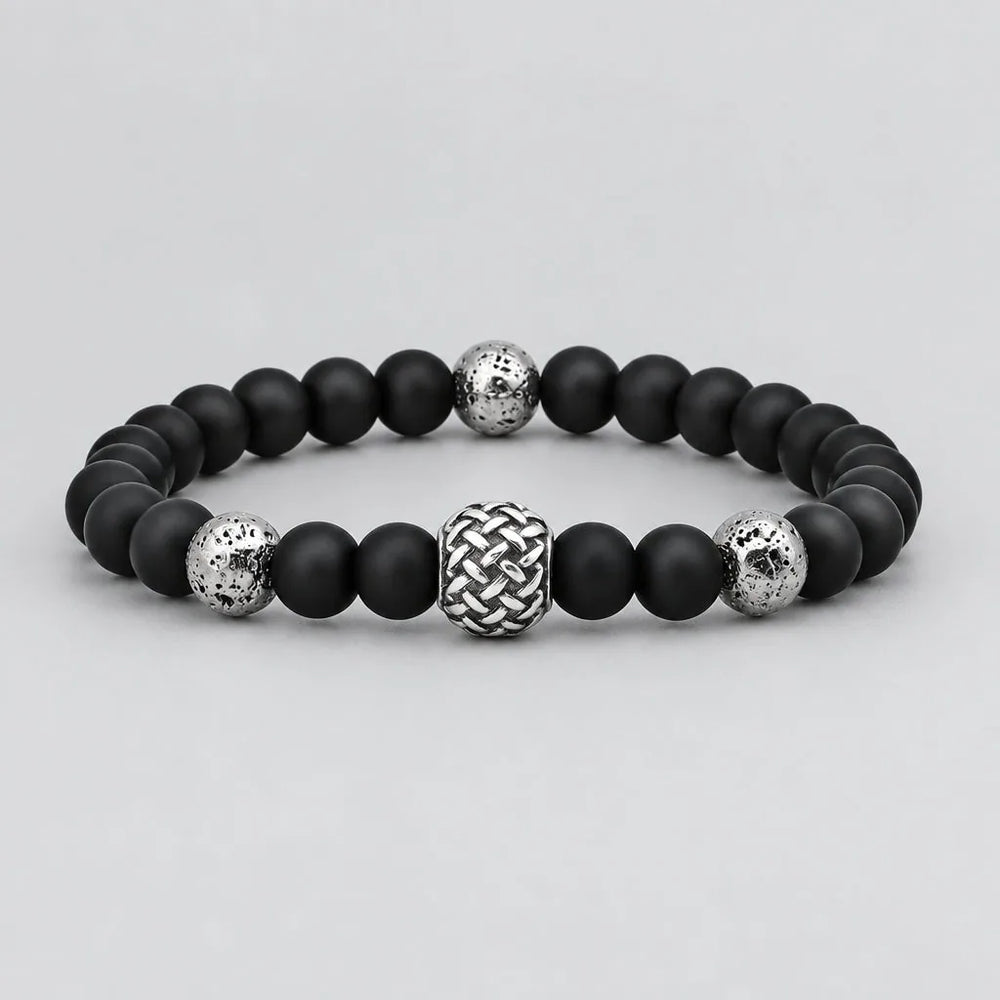 Bracelet motard pour homme en perles noir mat avec bille texturée en acier inoxydable