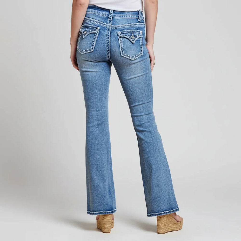 Jeans bootcut brodés Westfield Eagle pour femmes. Denim extensible à taille haute et surpiqûres contrastantes.