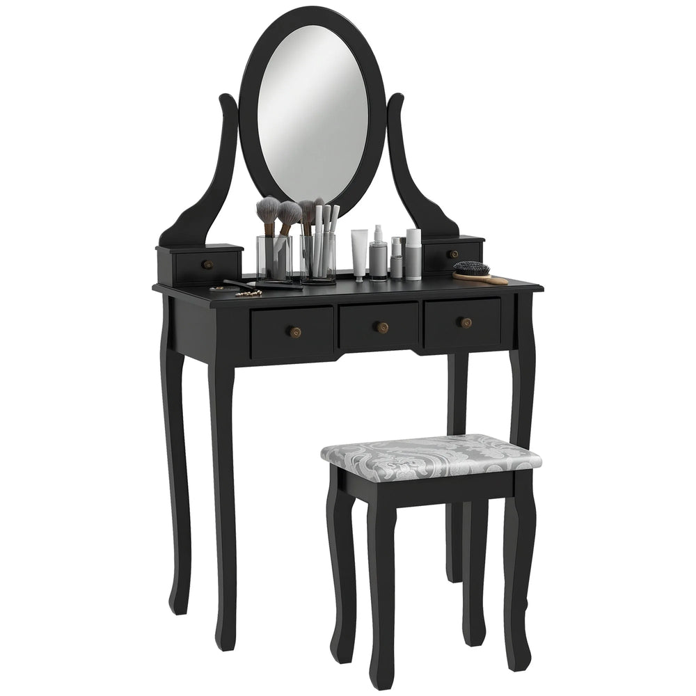 Emma Vanity Desk with Padded Stool and 360° Rotating Oval Mirror-Black