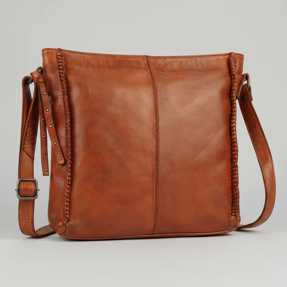 MET Premium Leather Crossbody Bag. Square Messenger with Woven Edge Details