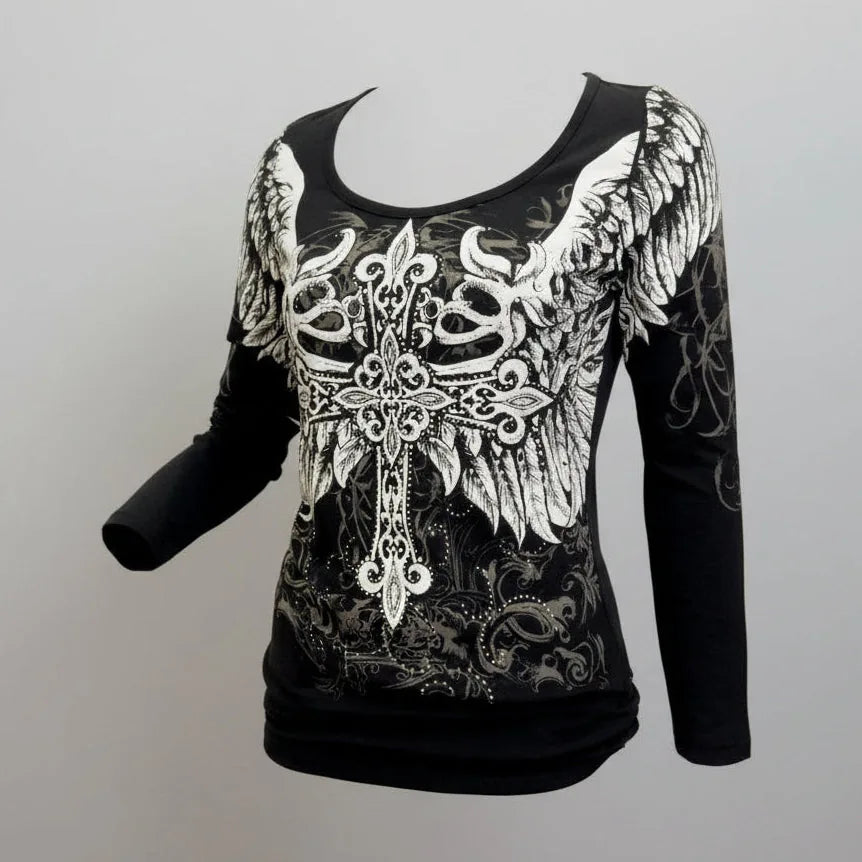 Chandail à manches longues pour femmes avec croix et ailes d'ange