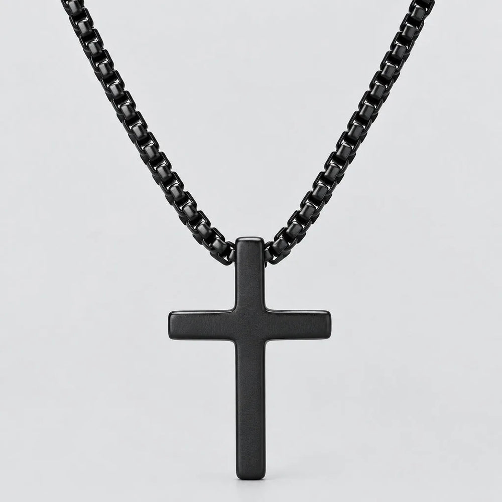 Men's Black Steel Cross Pendant Necklace Box Chain Biker Jewelry