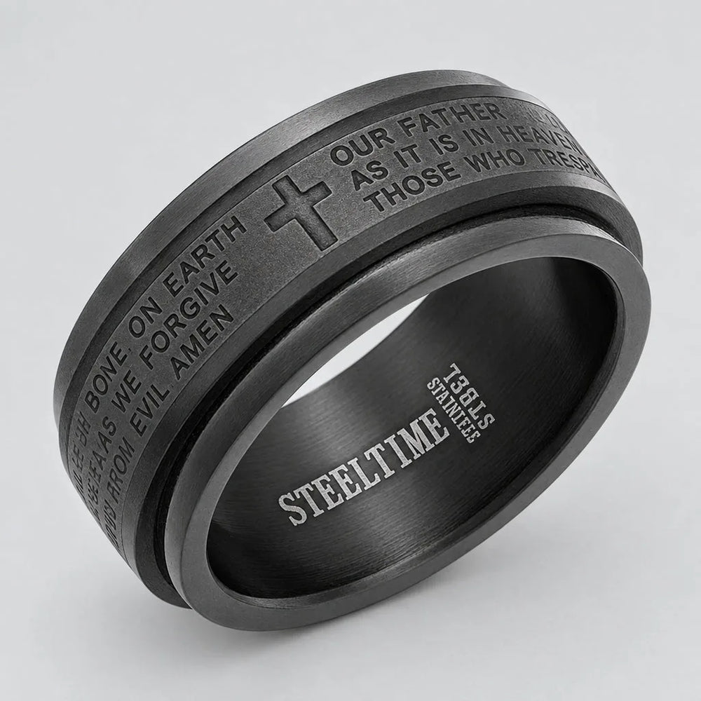 Men’s Black Stainless Steel Lord’s Prayer Band. Religious Biker Ring