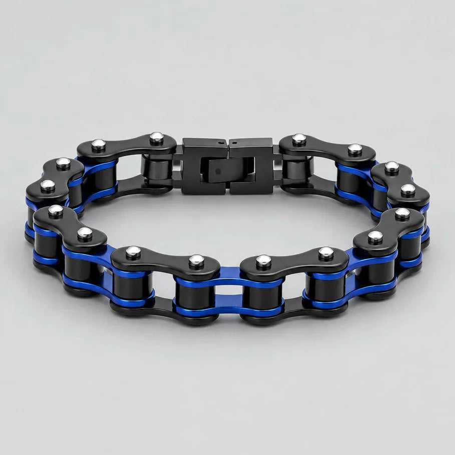 Men’s Two-Tone Black & Blue IP Stainless Steel Bicycle Chain Link Biker Bracelet