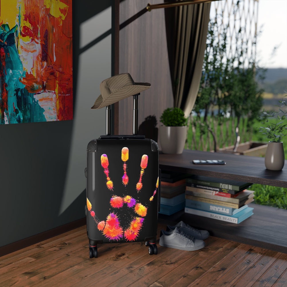 Valise cabine colorée à motif d'empreinte de main néon