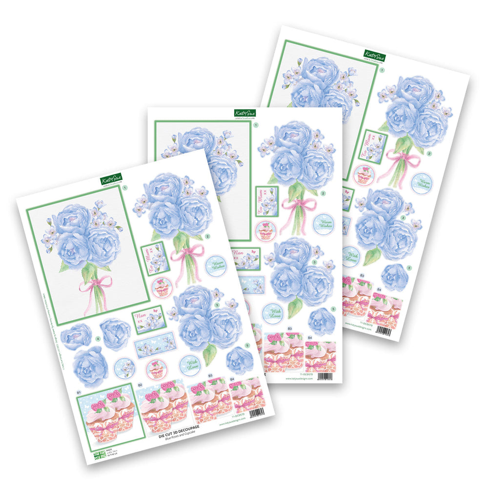 Découpage découpé à l'emporte-pièce – Roses bleues et cupcake (Paquet de 3)