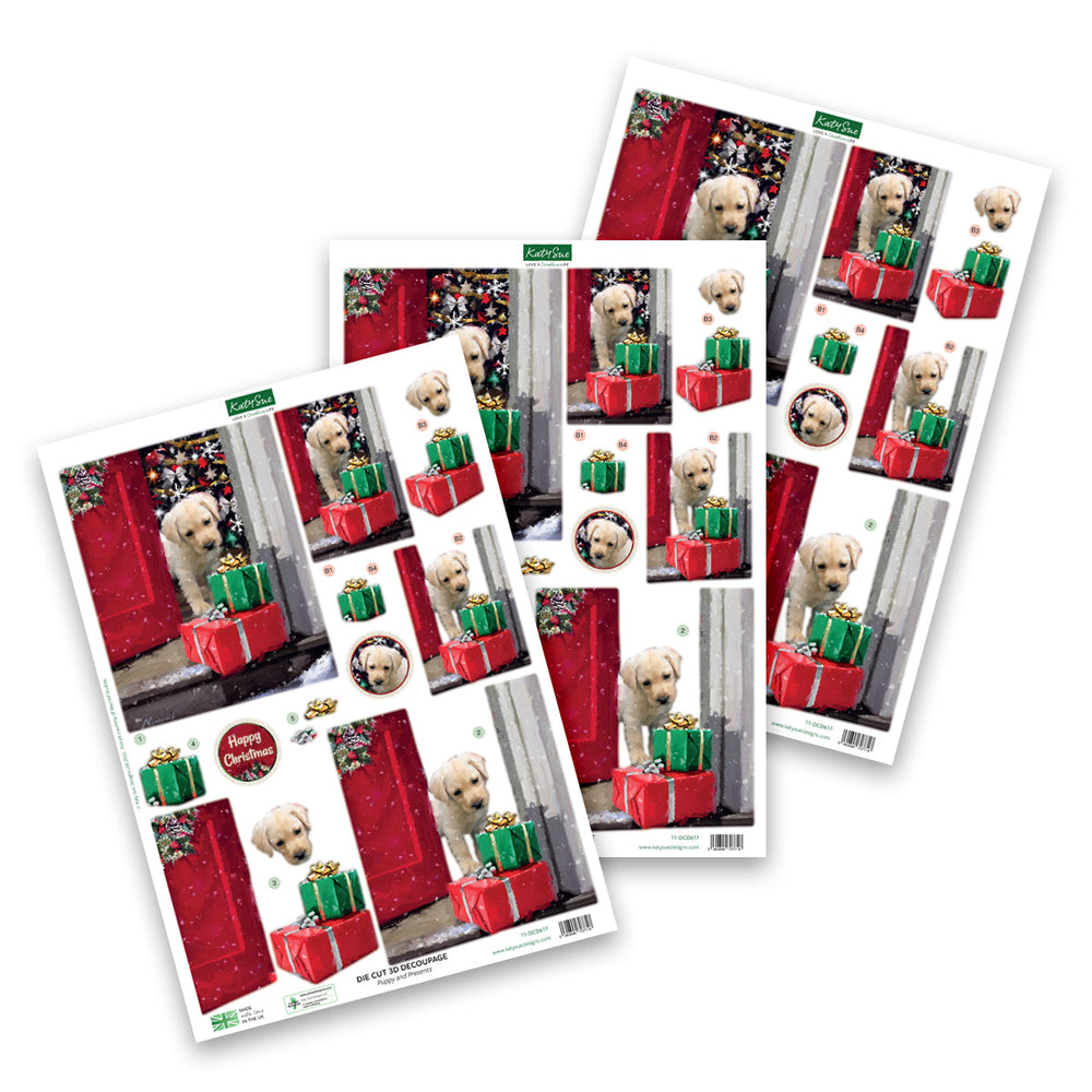 Die Cut Decoupage – Puppy & Presents (Pack Of 3) — Ecstasy Crafts