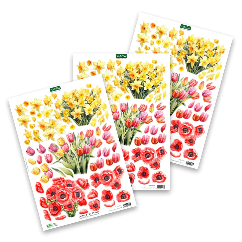 Découpage prédécoupé – Bouquet de jonquilles, tulipes et coquelicots (3 pièces)