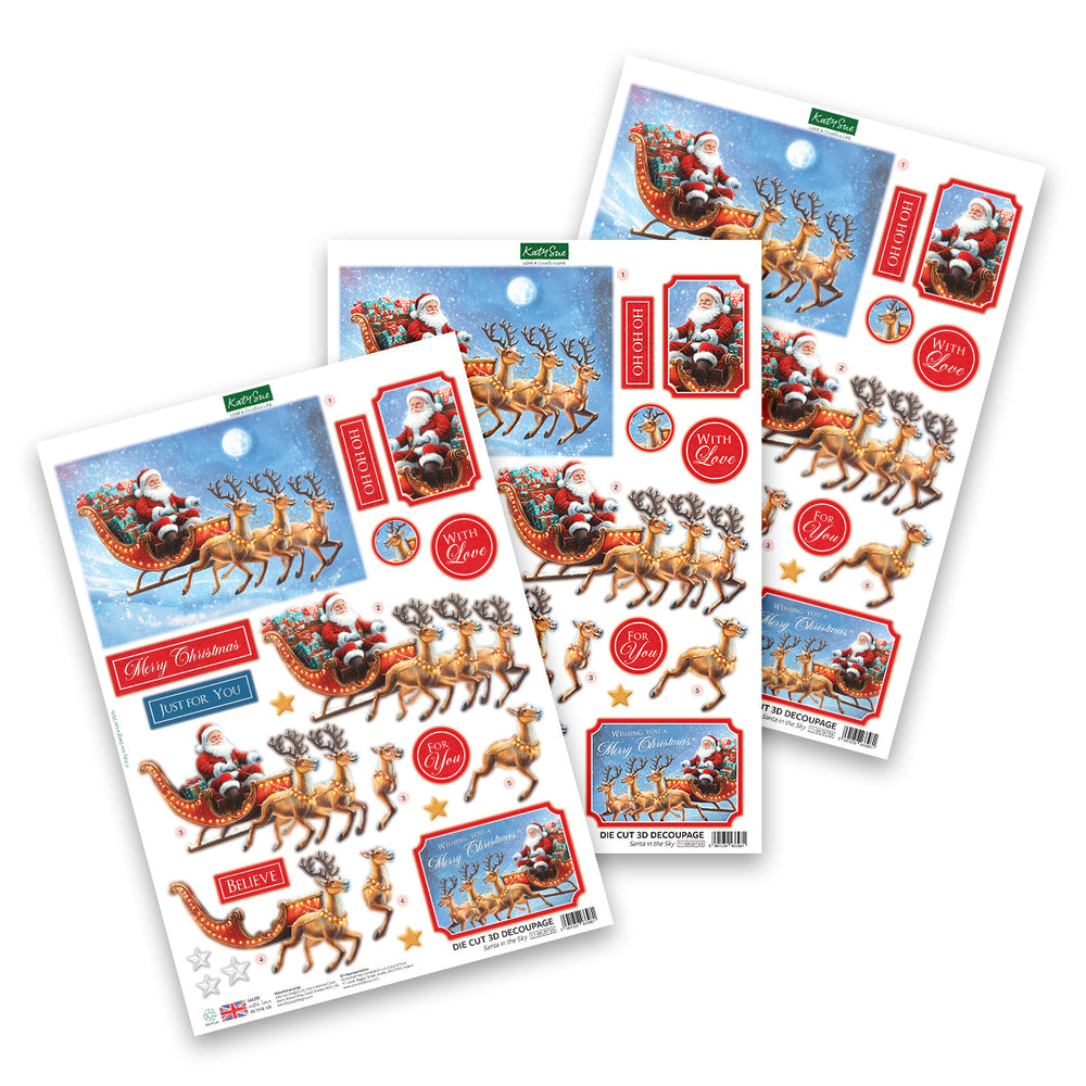 Katy Sue Designs Die Cut Decoupage – Père Noël dans le Ciel (pack de 3)