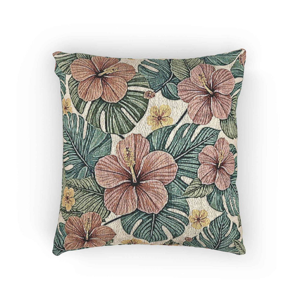 Coussin décoratif tissé à motif floral tropical Hibiscus | Coussin botanique
