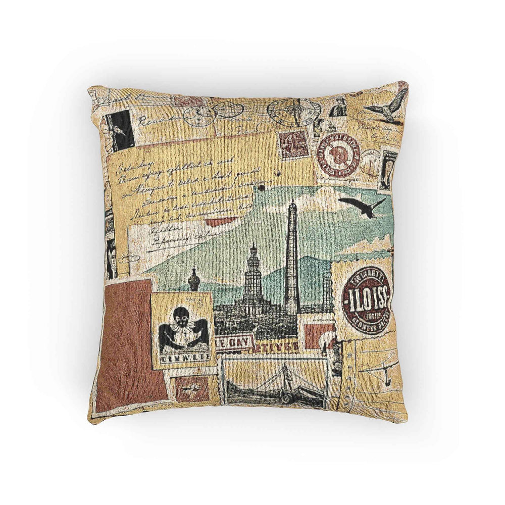 Vintage Travel Collage Woven Pillow | Cityscape Postcard Tapestry