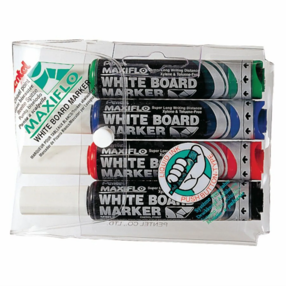 Maxiflo White Board Marker, Chisel Point (2.0/5.7mm) 4PC Assorted Pouch
