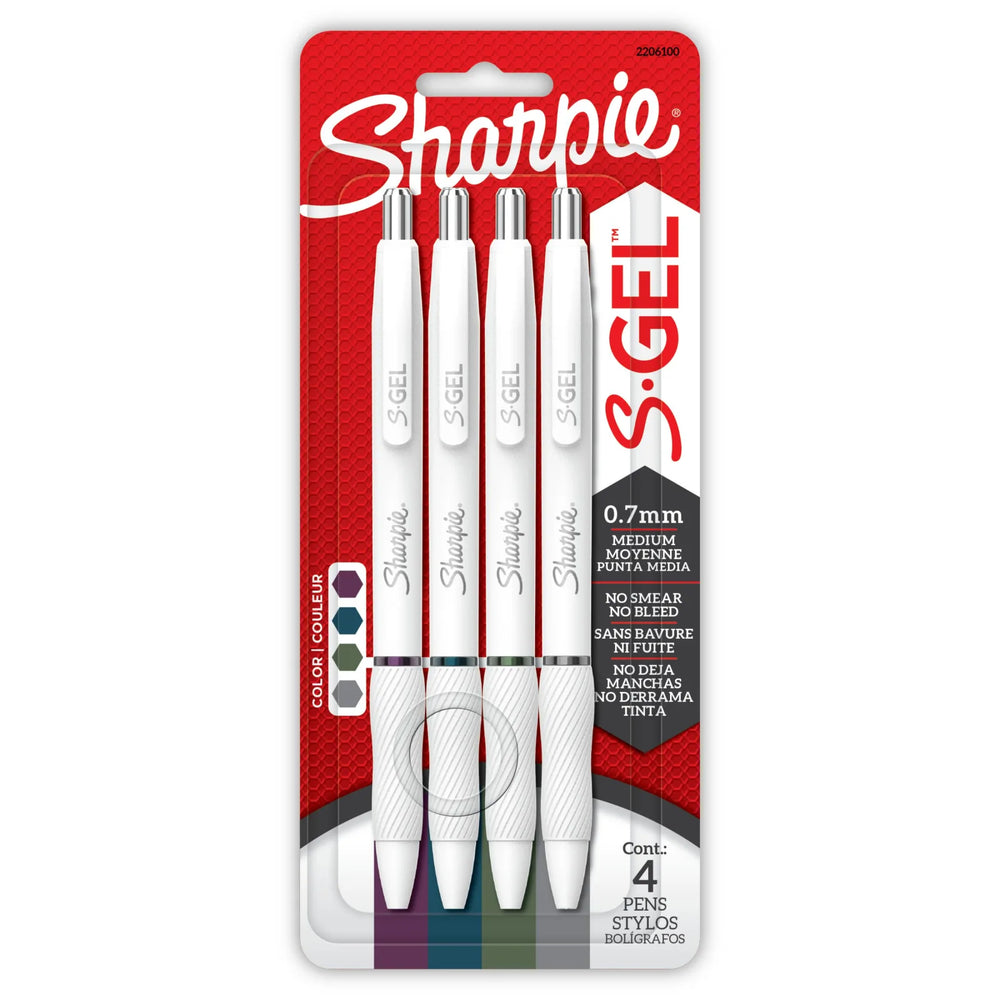 Sharpie S-Gel Pens, Fashion Barrel Gel Pens, Pearl White Body, Medium (0.7mm) Point, Rich Dark Colour Assortment, 4 Coun