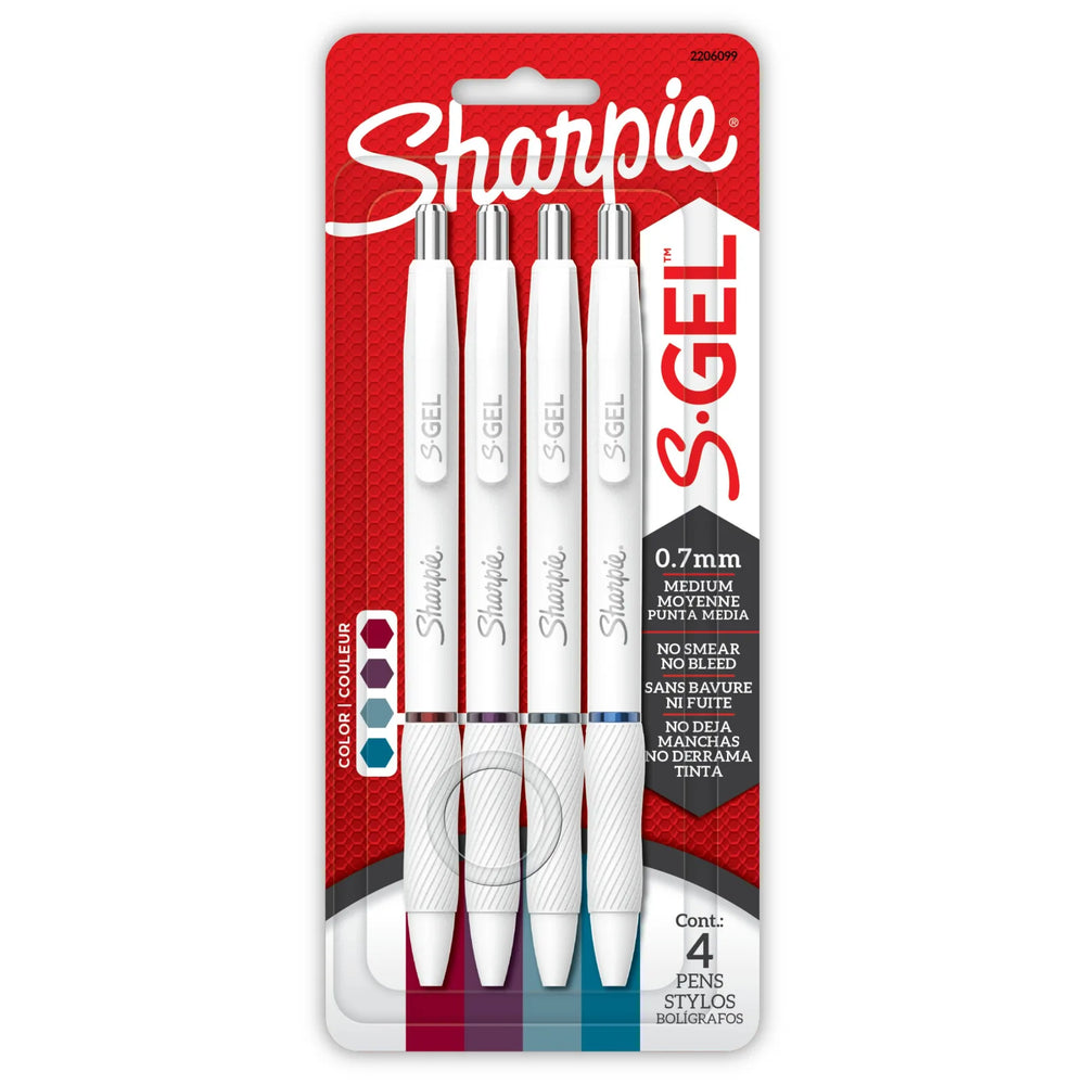 Sharpie S-Gel Pens, Fashion Barrel Gel Pens, Pearl White Body, Medium (0.7mm) Point, Bold Jewel Colour Assortment, 4 Cou