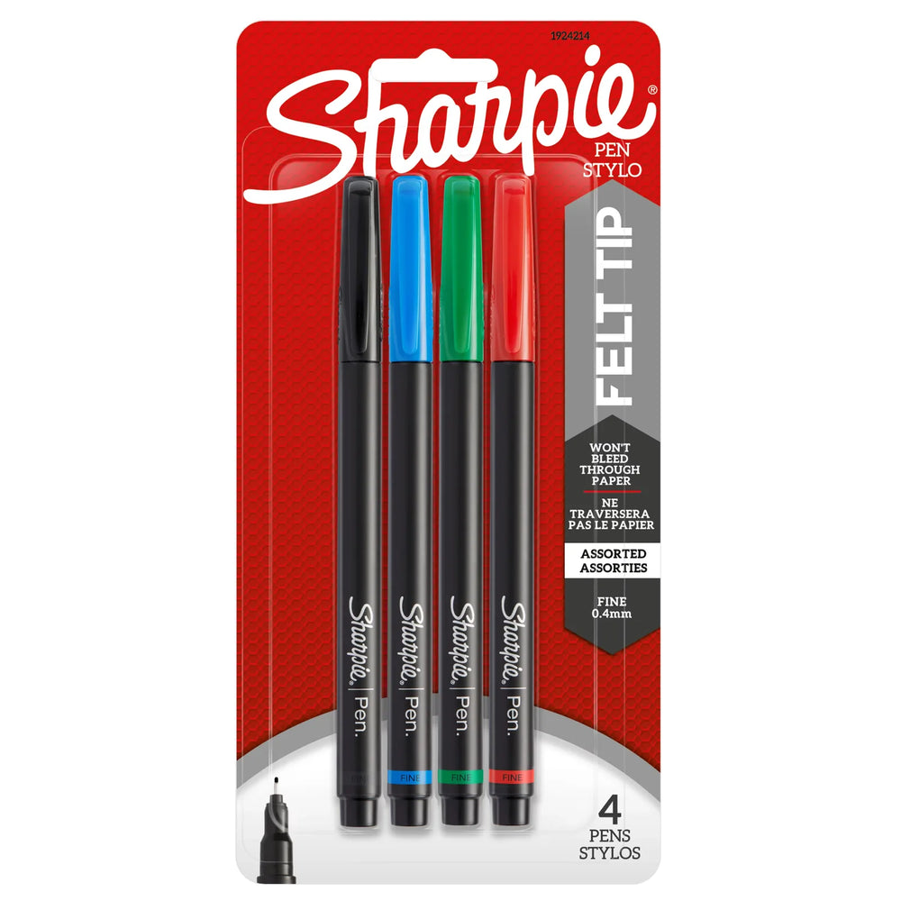 Sharpie Felt Tip Pens Fine Point (0.4 mm), Assorted Colours, 4 Count (1924214)