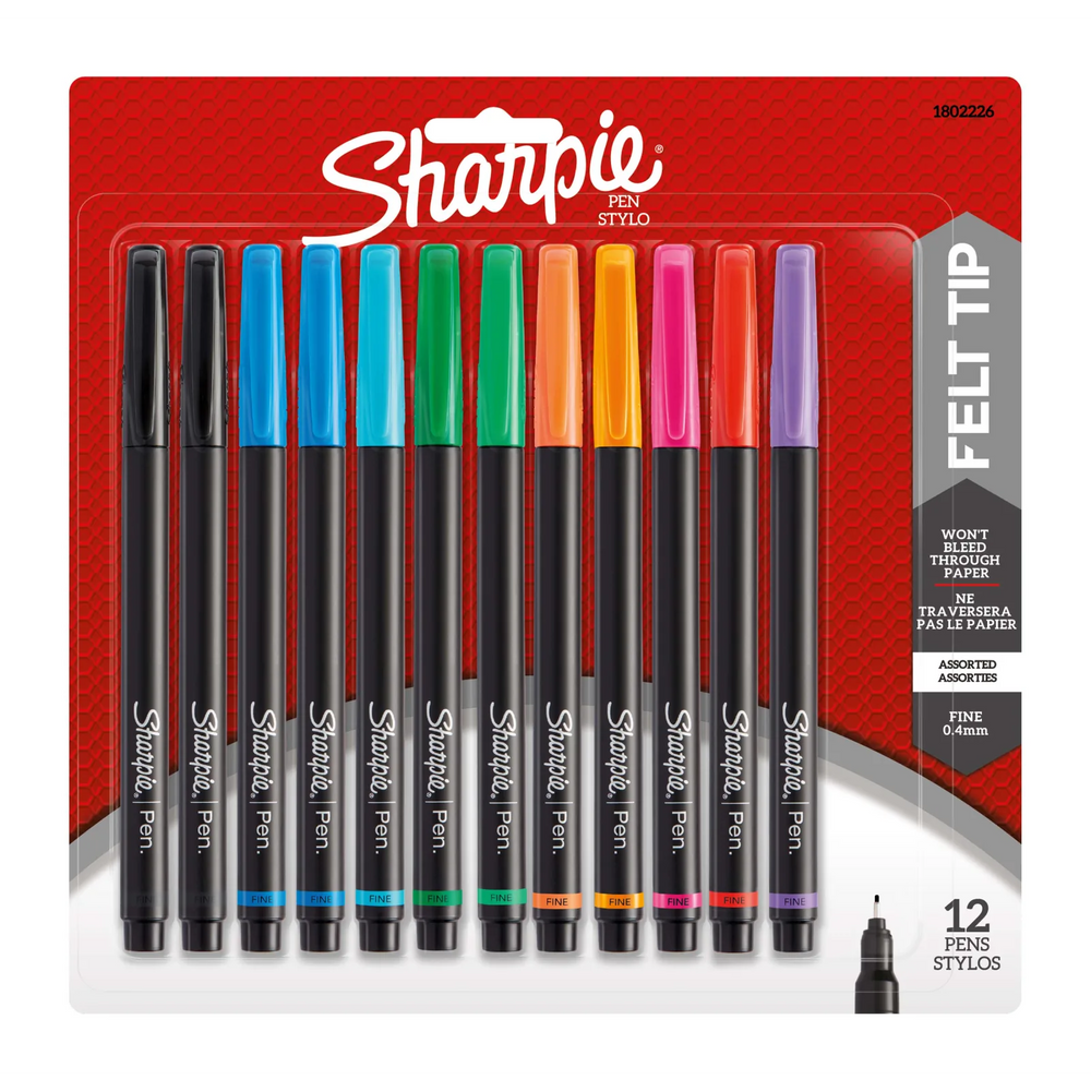 Sharpie Pens, Felt Tip, Fine Point (0.4 mm), Assorted Colours, 12 Count