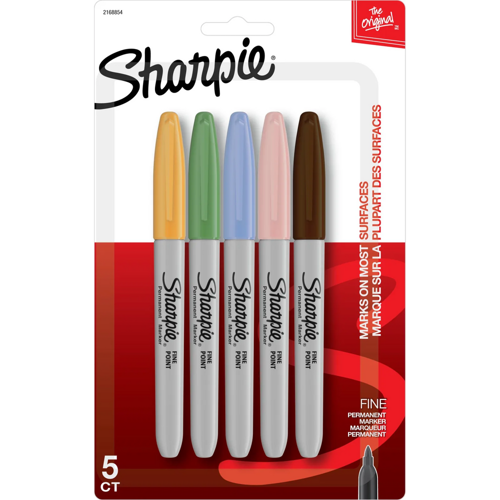 Sharpie Permanent Markers, Fine Point, Assorted Colours, 5 Count